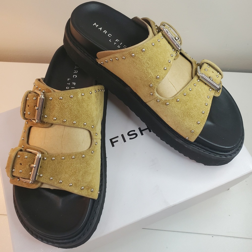 Marc Fisher LTD Mustard Yellow Suede Studded Platform Buckle Slide Sandals 6M